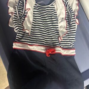 Bella Bliss Striped Navy and White and Red Romper